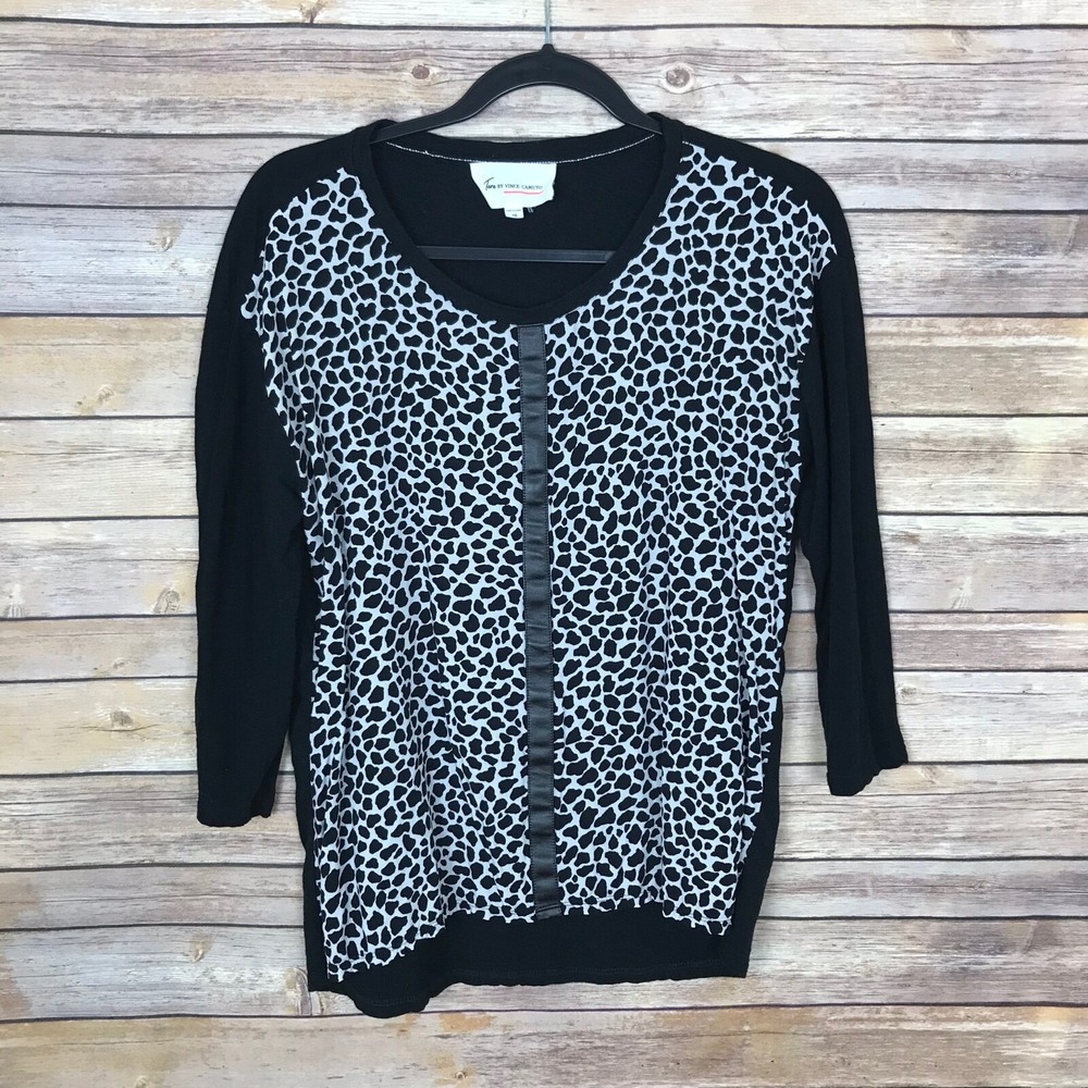 Two By Vince Camuto Top Womens XS Black Leopard Blouse Scoop Neck 3/4 Sleeve
